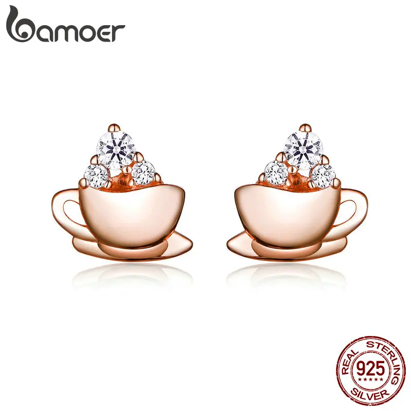 BAMOER Korean Earrings Sterling Silver 925 Rose Gold Coffee and Sugar Cube Stud Earings for Women Girl Gifts with Box SCE592