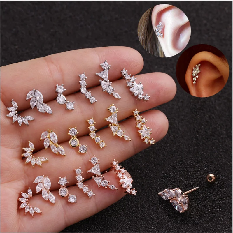 Gold/Rose Silver Color  Curved Cz Cartilage Stud Helix Rook Conch Screw Back Earring Stainless Steel Ear Piercing Jewelry