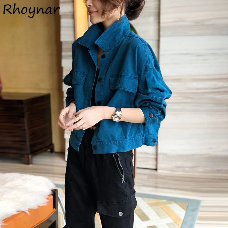 

Basic Jackets Women Denim Simple Vintage Cargo Streetwear Turn Down Collar Pocket All-match Solid Ulzzang Cropped Outwear Female