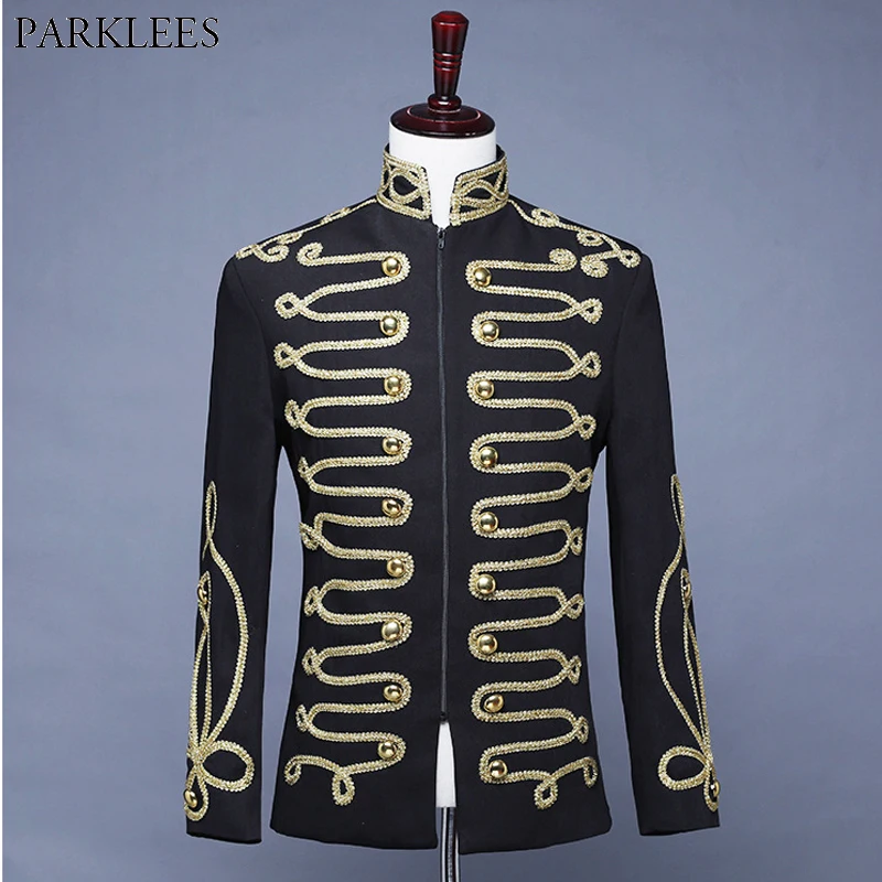 Men\'s Steampunk Military Drummer Blazer Jacket Stand Collar Zipper Punk Gothic Parade Jacket Men Prom Vintage Suit Jacket Male