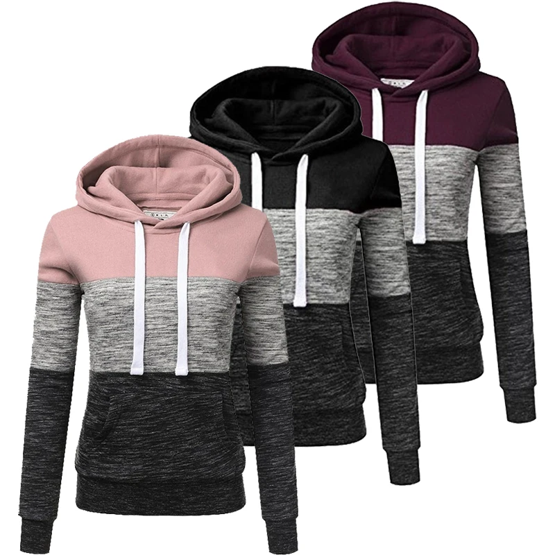 

Autumn and winter women's long sleeved hoodie, pullover hoodie, casual sportswear, patchwork color striped hoodie, top