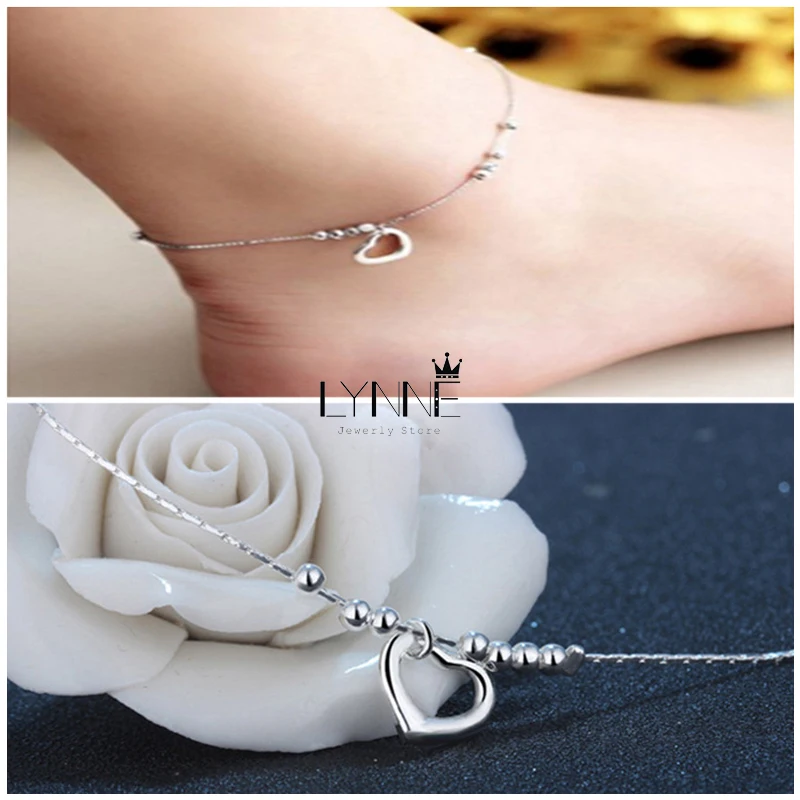 New Fashion Heart Pendant Anklet 925 Sterling Silver Ladies Love Heart & Bead Anklets Bracelet Foot Chain For Women Jewelry Gift