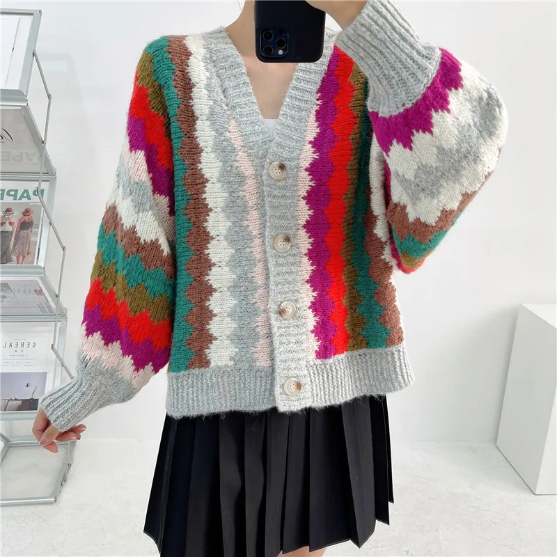 

Lazy Oaf Loose Cardigan Women Contast Colors Rhombus Jacquard Knit Sweater Coat 2021 Autumn Winter Cardigans V-Neck Knitted Coat