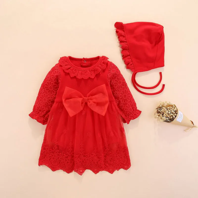 Newborn Baby Girl Dress Long Sleeve Red Bow Toddler Kids Little Girls Baby Clothing 1 Year Girl Baby Birthday Dress 3 6 Months