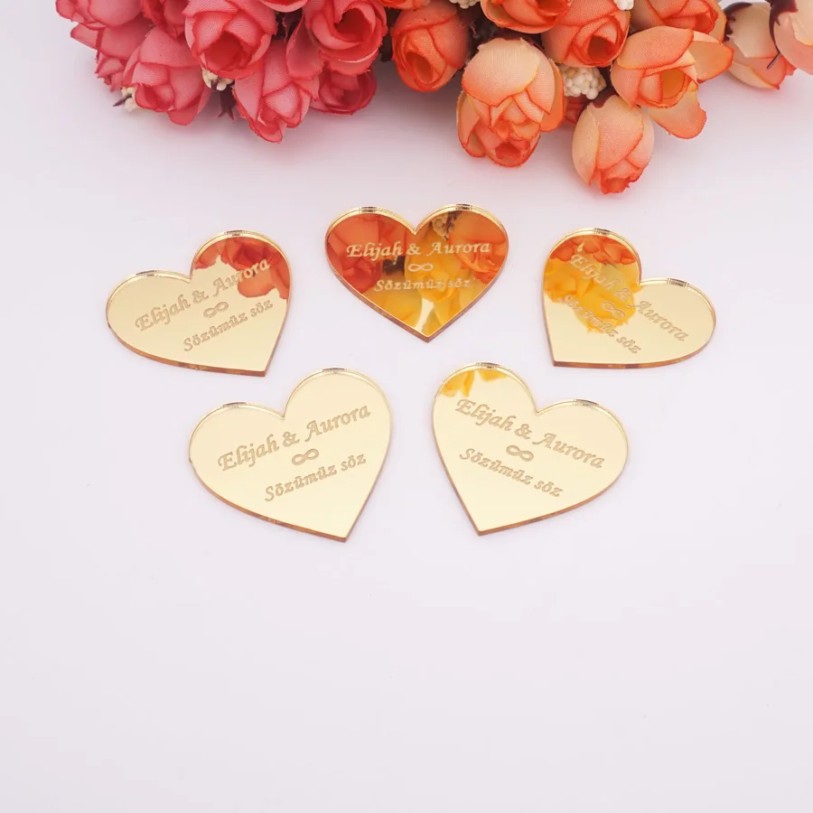 4cm,6cm Heart Shape Wedding Guest Gift Decoration Acrylic Mirror Tag Custom Groom And Bride Name Couple Souvenir