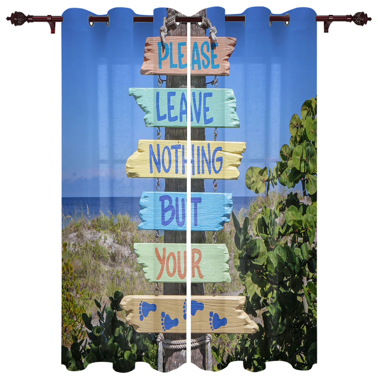 Beach Colorful Wooden Sign Valance Window Curtains For Living Room Bedroom Kitchen Home Ready-made Youth Room Window Curtains