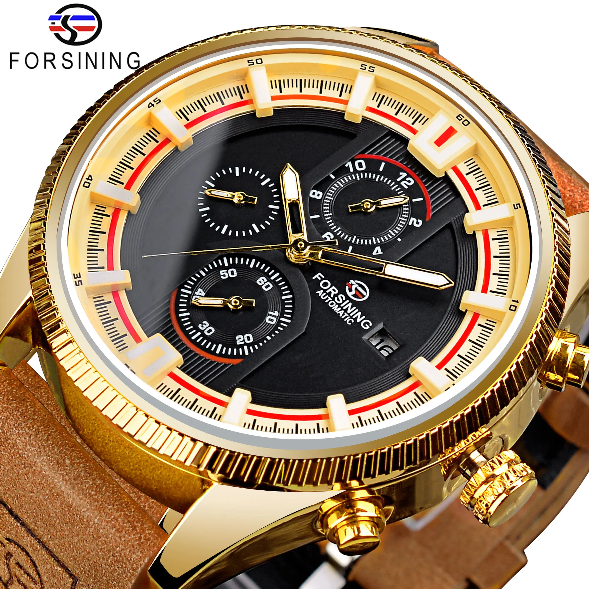 Forsining Automatic Men Analog Watch Luxury Mechanical Wristwatch Genuine Leather Military Watches 2021 New Month Week Display