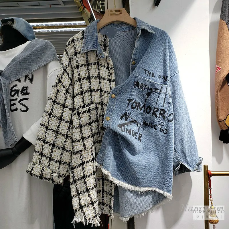 

Women Tweed Denim Jacket Women Pop Autumn New Printed Letter Shirt Loose Trendy Female Streetwear Loose Coat