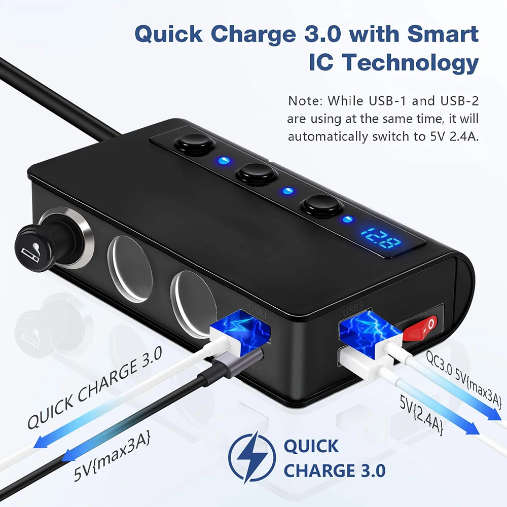 VR robot Fast PD Type-c QC 3.0 Car USB Charger 180W 12-24V Cigarette Lighter Adapter 3-Socket Car Splitter with ON/OFF Switch