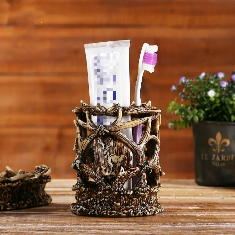 

[MGT] European Resin Antique Toothbrush Toothpaste Cup Holder Crafts Antler Decoration Bathroom Home Decoration Sculpture