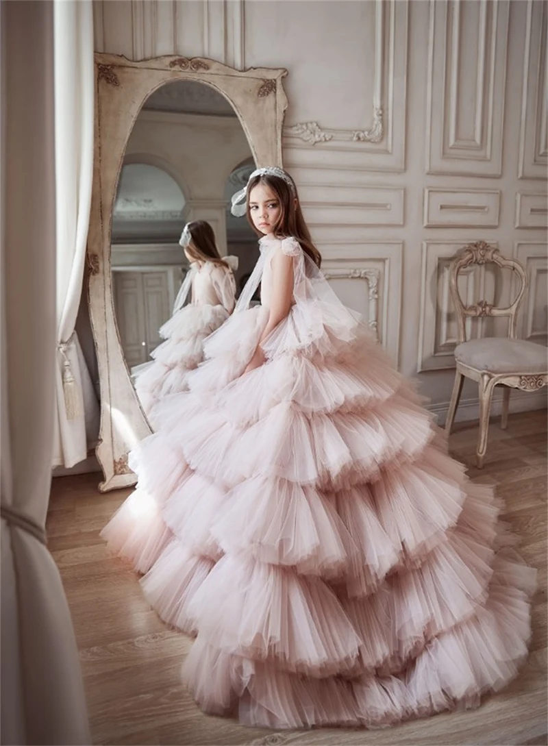 Vestidos de princesa con flores para niña, faldas escalonadas con volantes y cuello en V para boda, vestido de baile de desfile de tul para primera comunión, 2021