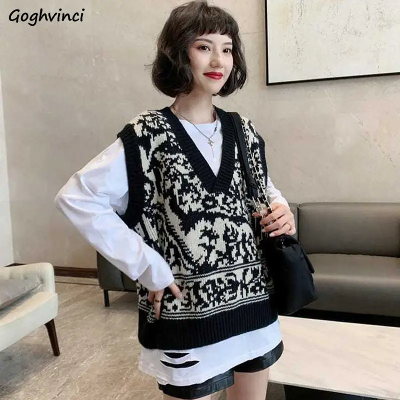 Sweter kamizelka z dzianiny damskie Harajuku Vintage dekolt w serek koreański styl bez rękawów luźne topy na co dzień eleganckie piękne Ulzzang