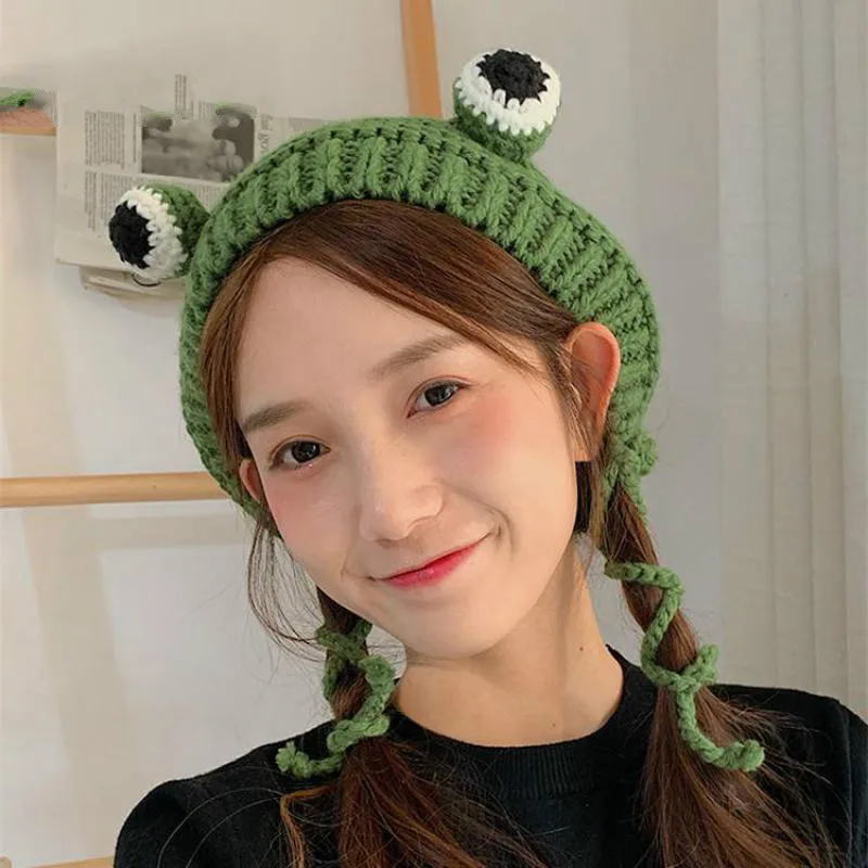 DeePom Handmade Cartoon Cute Frog Big Eyes Knitting Hats For Women Children Korean Style Winter Beanie Women Hats Christmas Gift