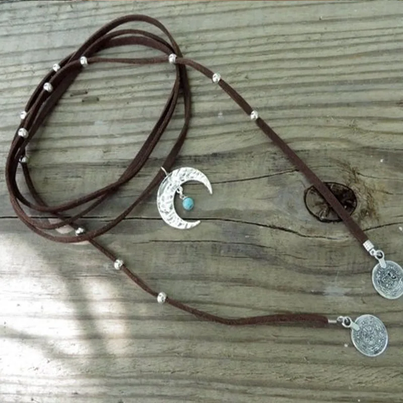 Boho Wrap Necklace Boho Choker Necklace  Brown Turquoise Suede Necklace Crescent Moon Necklace