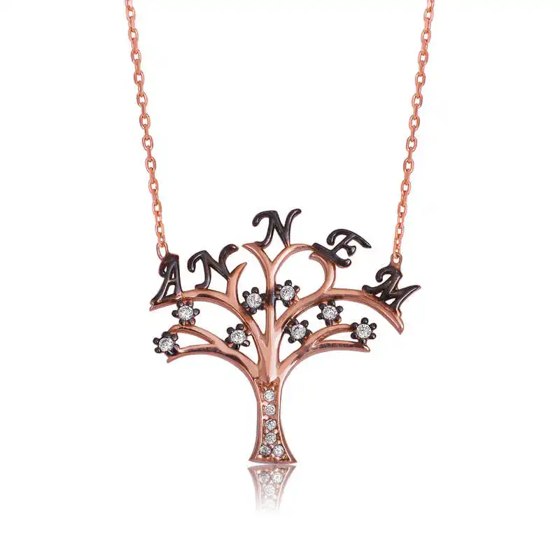 Silver Mom Written Life Tree Women 'S Necklace Zircon Stone 925 Sterling Women Fine Jewelry Wedding Party Birthday Gift - Box - Pendant - Chain Choker - Female - Ladies - Fashion