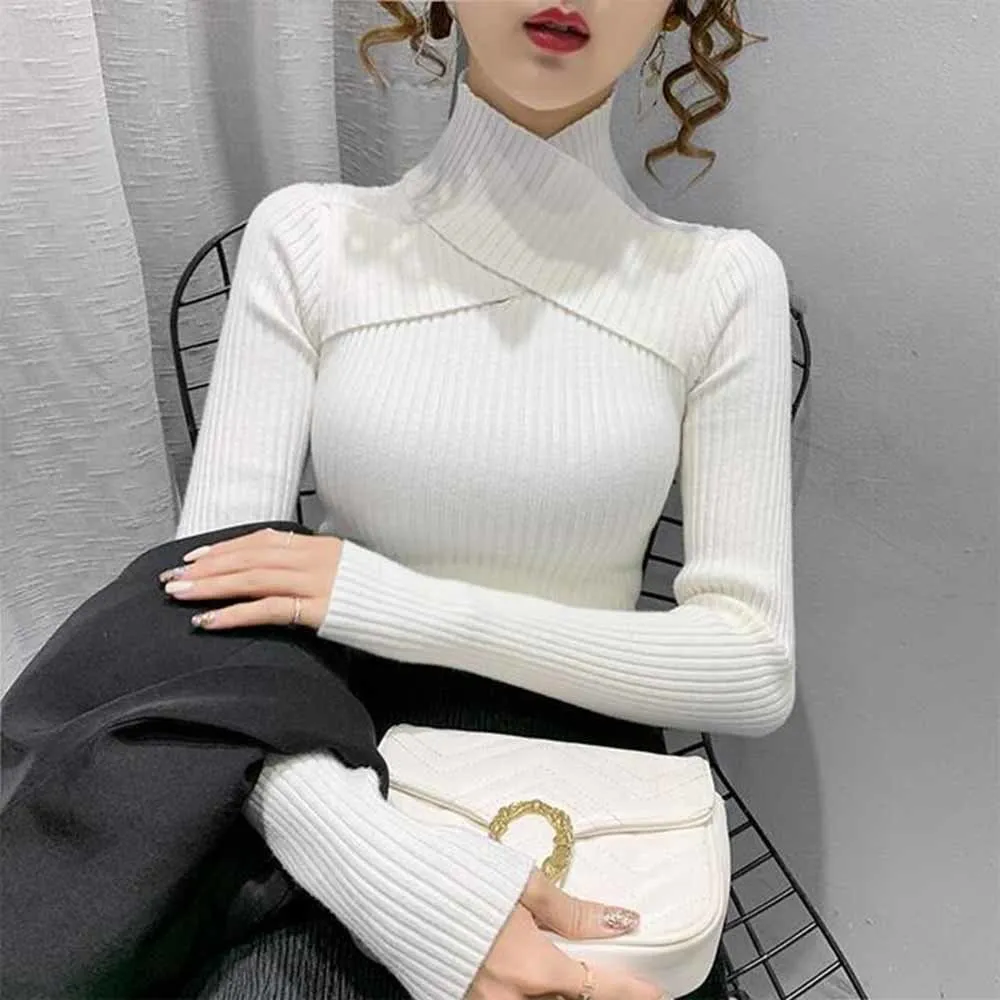 

Winter Thick Turtleneck Sweaters 2022 New Fashion Basics Sueter Mujer Cross Design Long Sleeve Solid Autumn Jumper Femme