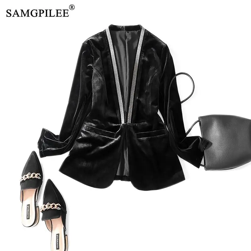 

blazer Women 2023 Full Sleeve Solid Jacket Woman Autumn Hidden Breasted V-neck Beading Casual Coat Womens Autumn Blazer Mujer