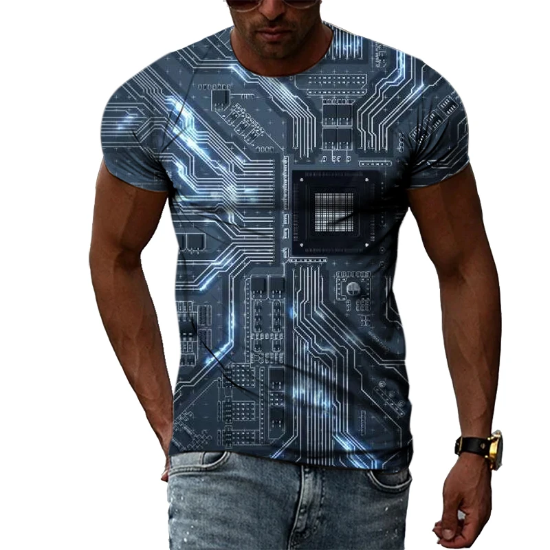 Round Neck Personality Circuit Board graphic t shirts For trendyol Men Summer Hip Hop street style Casual Printing T-shirts Tops