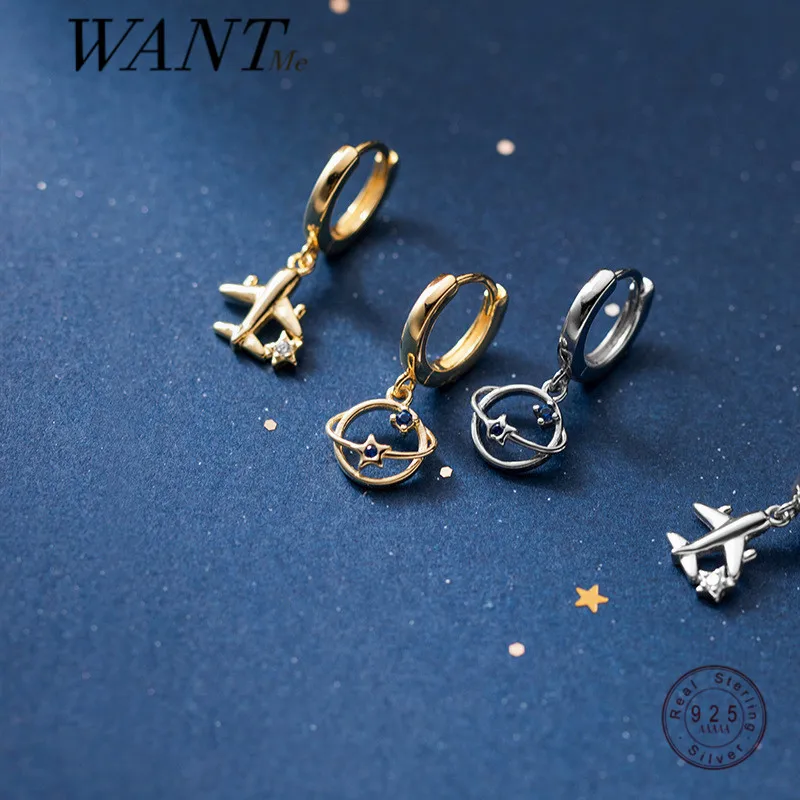 

WANTME Genuine 925 Sterling Silver Fashion Korean Plane Planet Charming Stud Earrings for Women Party Hugging Earrings Jewelry