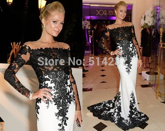 black and white lace Long Sleeves Mermaid Evening Dress 2021 Dubai Luxury Formal Party Gown Plus Size