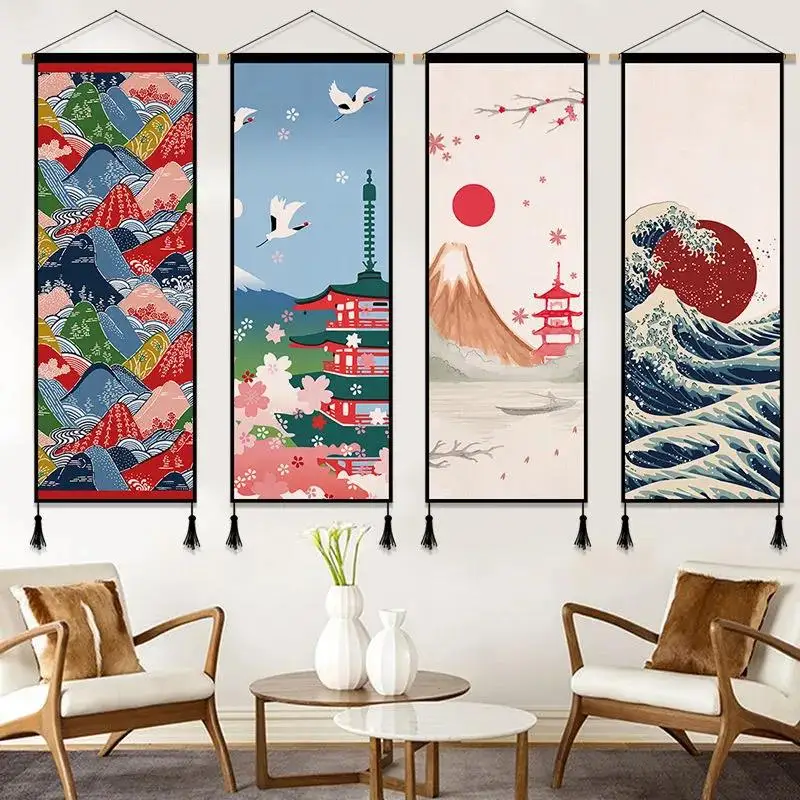 Japanese Ukiyoe Wall Art Wood Hanging Scroll Canvas Painting Art Poster Print Wave Fish Crane Pictures for Living Room Decor