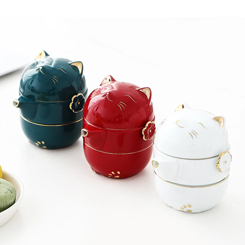 

LUWU Ceramic Teapot with 2 Cups Cute Cat Portable Travel Tea Sets