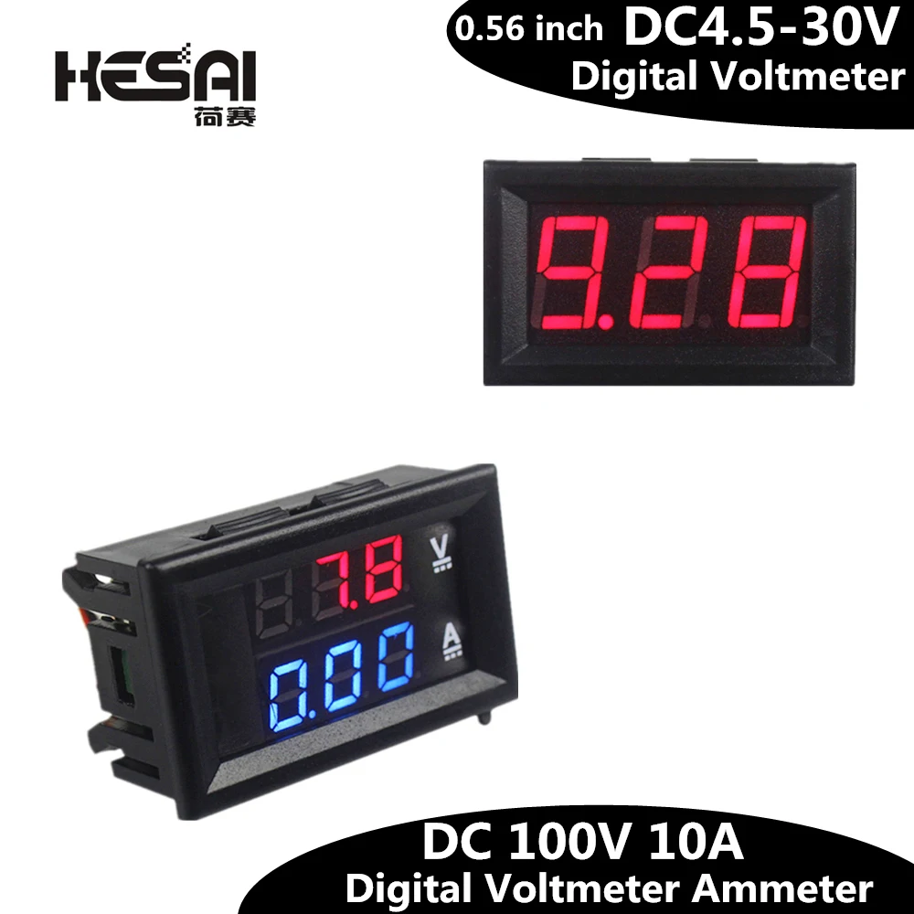 0.56inch Mini Digital Voltmeter Ammeter DC 100V 10A  Voltmeter Current Meter Tester  Blue+Red Dual LED Display