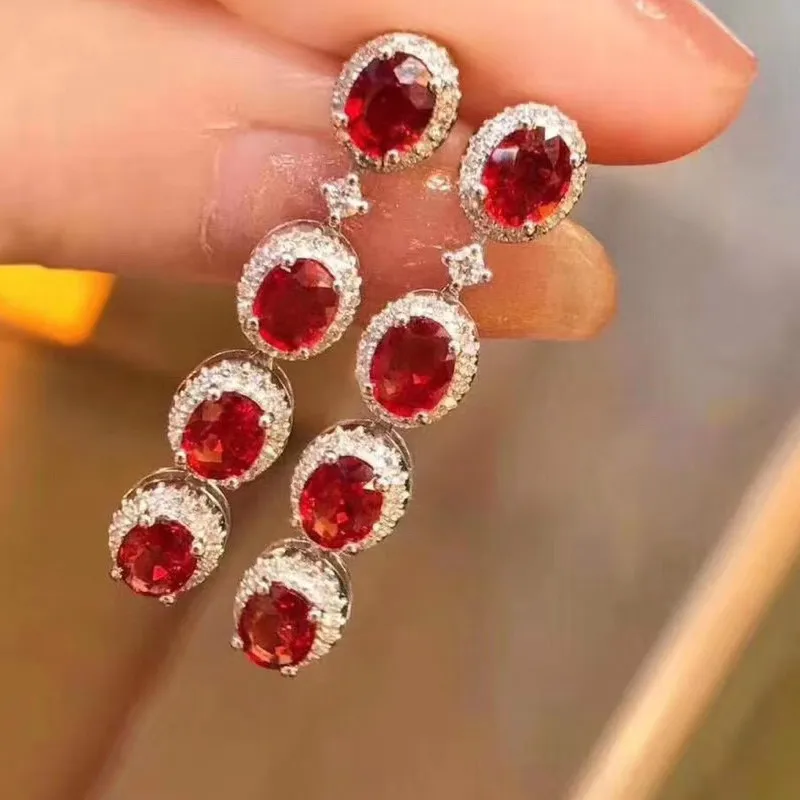 Natural Red Ruby  Earrings 925 Silver Natural Gemstone Earring Fashion Grace Wave Line Woman Wedding Party Gift Jewelry