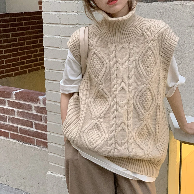 2021 New Women Spring Autumn Turtleneck Twist Sleeveless Short Tank Sweater Jacket Beige Knitted Pullover Waistcoat Vest