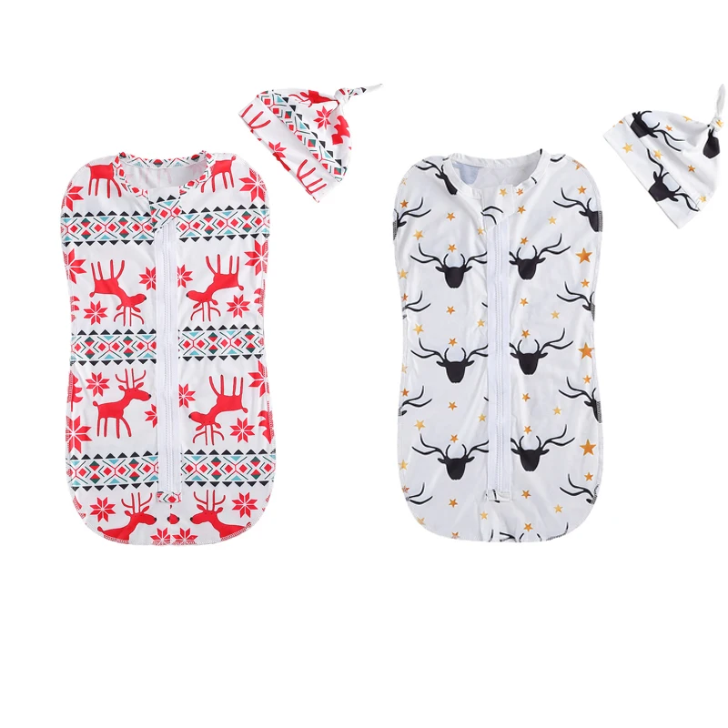 2 Chiếc Giáng Sinh Hươu Dây Kéo Túi Ngủ Bộ Cổ Tròn Thun Chăm Sóc Bé Ngủ Bỏ Túi Và Vòng Mũ 0-6 tháng