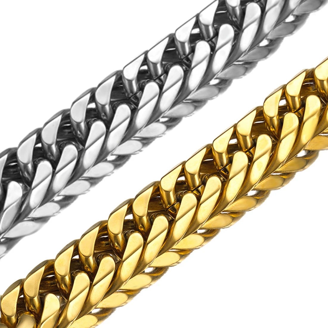 9/11/13/16/19/21MM Stainless Steel Silver Color/Gold Double Miami Cuban Link Chain Mens Womens Bracelet Bangle 7-11