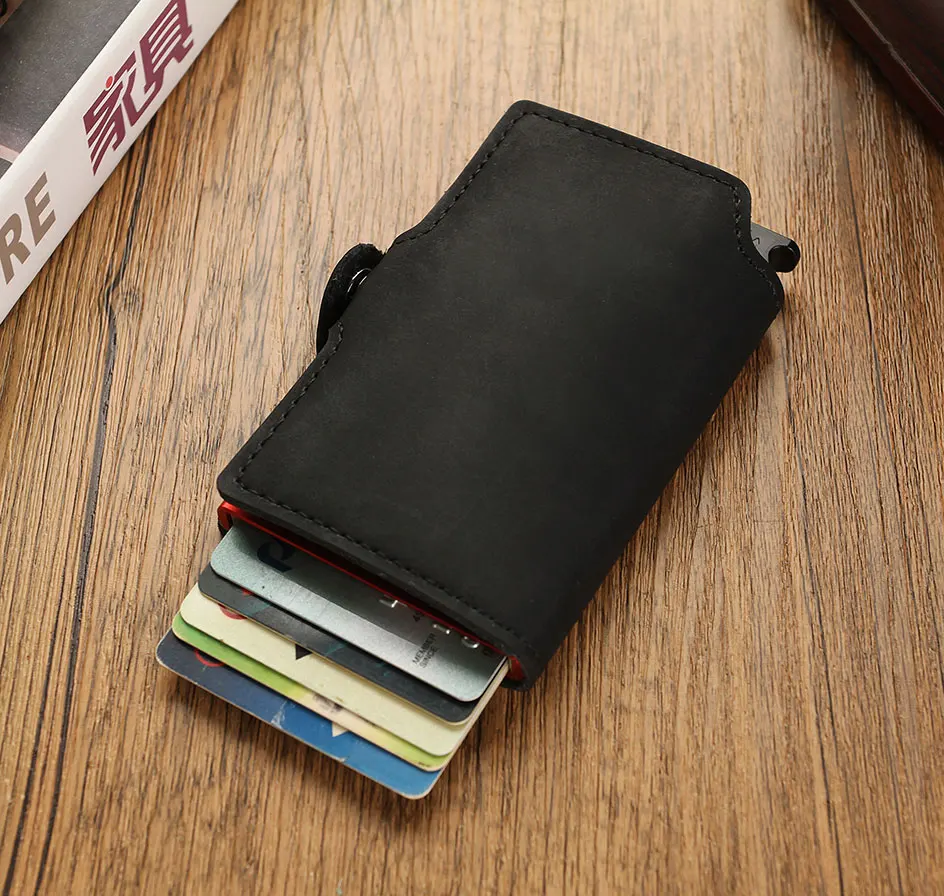 RFID Business Credit Card Holder Men Multifunction Automatic Aluminium Alloy Leather Cards Case Mini Wallet Slim Coin Purse