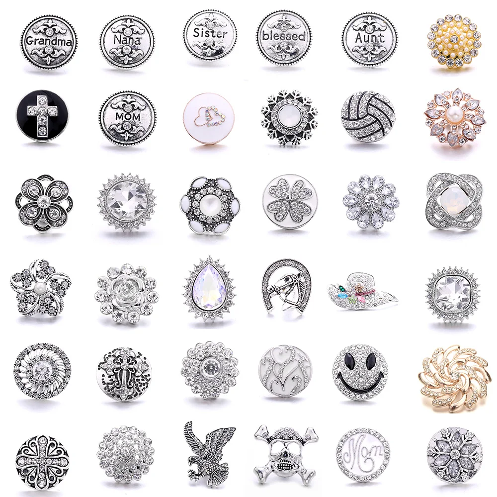 5pcs/lot New Snap Jewelry White Crystal Tree Dragonfly Heart Snap Buttons DIY Charm Jewelry Fit 18mm Snap Button Bracelet Bangle