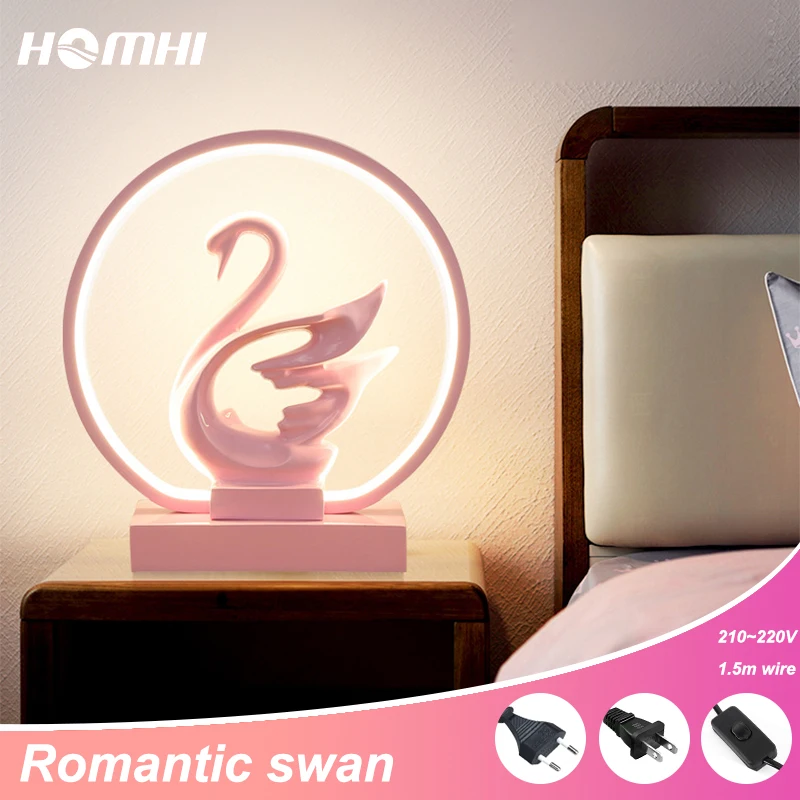 

Homhi Romantic Swan Wedding Table Lamp Bedside Round Pink Abajur Lampara De Mesa Living Room Mesita De Noche Home HTL-008