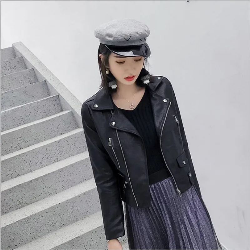 2020 New Autumn Women Pu Leather Jacket Woman Zipper Short Coat Female Black Punk Bomber Faux Leather Outwear spring  Blazer