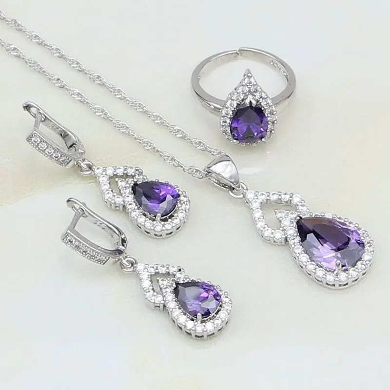 Gourd Natural Purple Zircon White Australian Crystal 925 Silver Jewelry Sets For Women Open Ring/Earrings/Pendant/Necklace