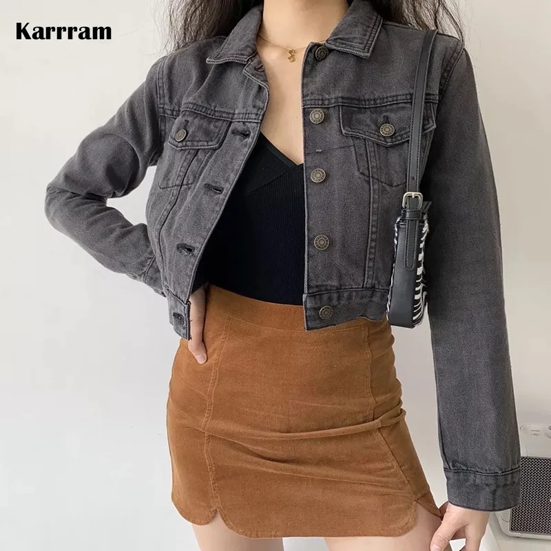 Karrram Vintage Black Denim Cropped Jacket Women Dark Gray Long Sleeve Short Jeans Jackets Ladies Fashion Distressed Coats Solid