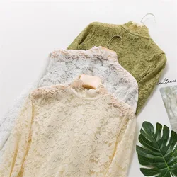 Autumn Winter Plus Size Women Long Sleeve Lace Shirts Slim Mesh Blouse All-match Lady Turtleneck Tops Pullovers Bottomings 1068