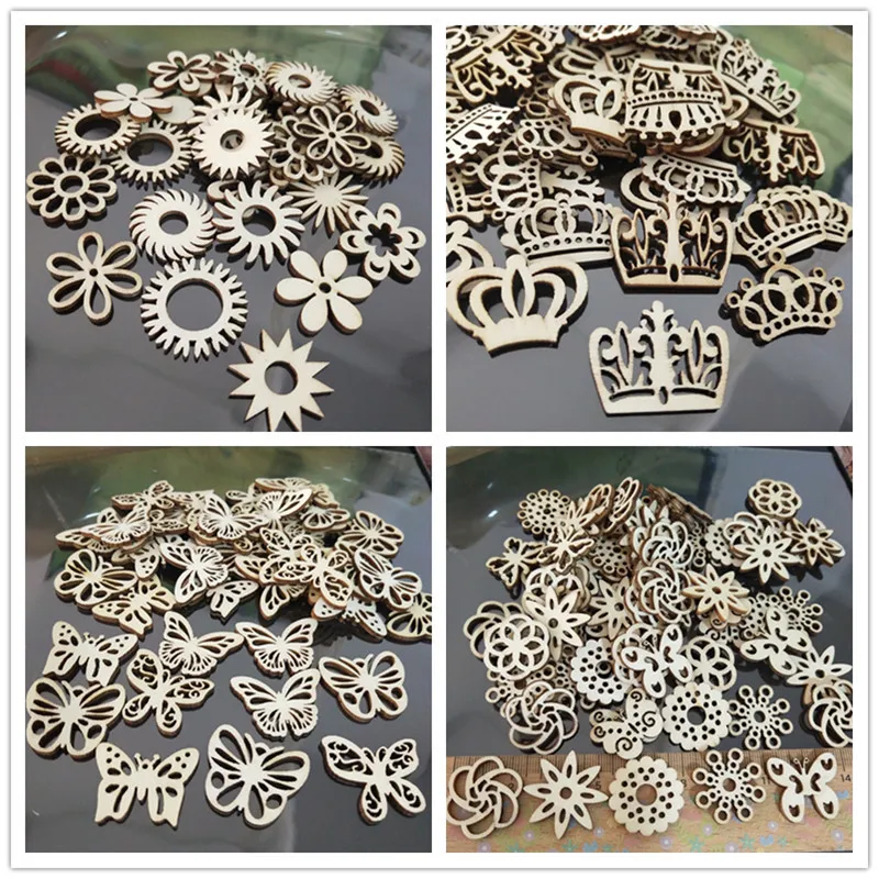 50pcs Wooden Embellishments Flower Butterfly Shape Cutouts DIY Scrapbooking Crafts Wooden Crown Pieces Discs Wood Slice Ornament