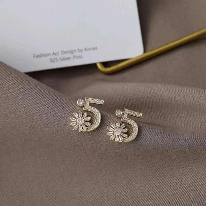 Luxury famous design flower number 5 earrings female rhinestone exquisite party earring