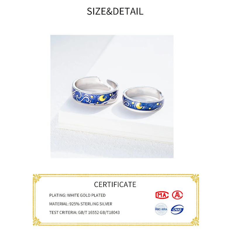 Prevent Allergy Moon Starry Night Van Gogh Couple Rings Art Jewelry Real Pair Rings For Women Man Lovers Best Gift - Image 3