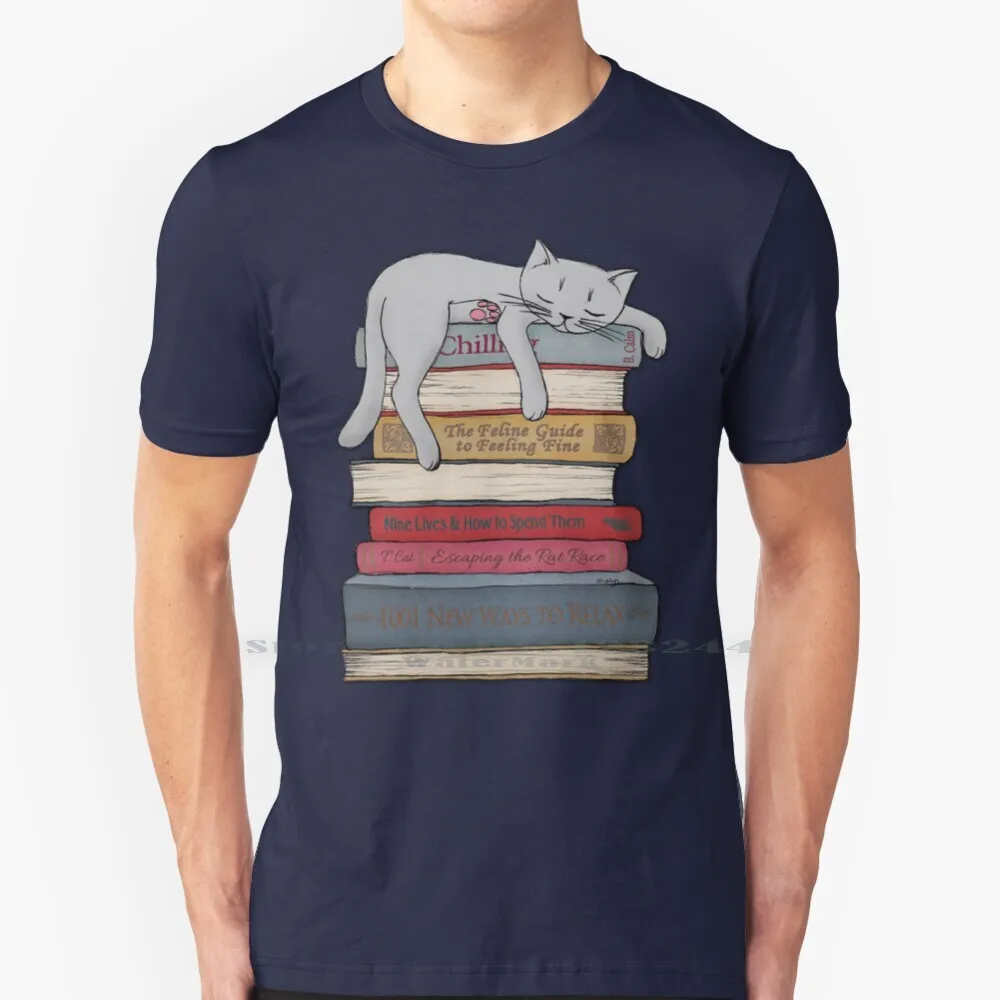 How To Chill Like A Cat 100% Cotton T Shirt Catnap Books How To Relax Kitty Cute Pencil Graphite Texture Sleeping Grey Blue