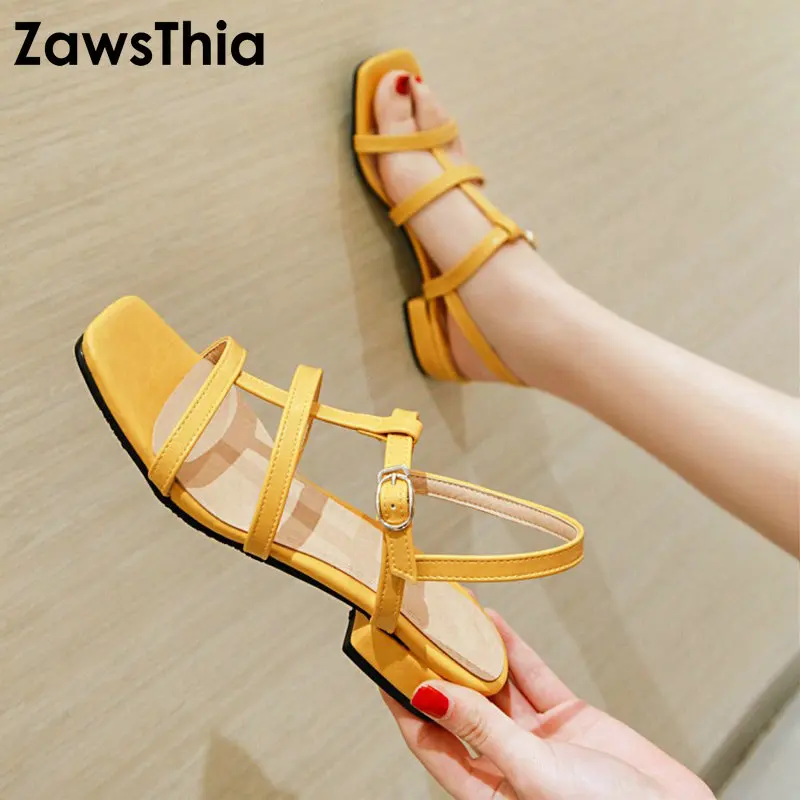 ZawsThia 2020 Summer PU Yellow Blue Green Low Square Heels Woman Shoes Bandage Strap Open Toe Gladiator Sandals Big Size 48 49