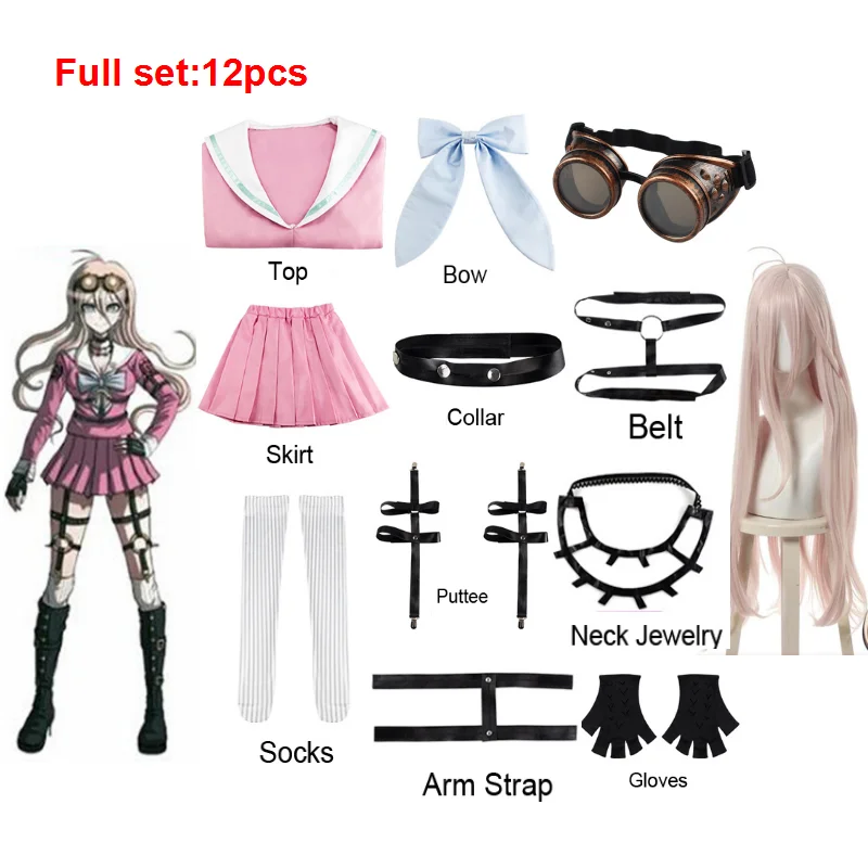 Danganronpa V3 Miu Iruma Cosplay Girls Dress mundurek marynarski komplet peruki zestawy pasek gratis Puttee pasek na ramię kołnierz skarpetki gogle