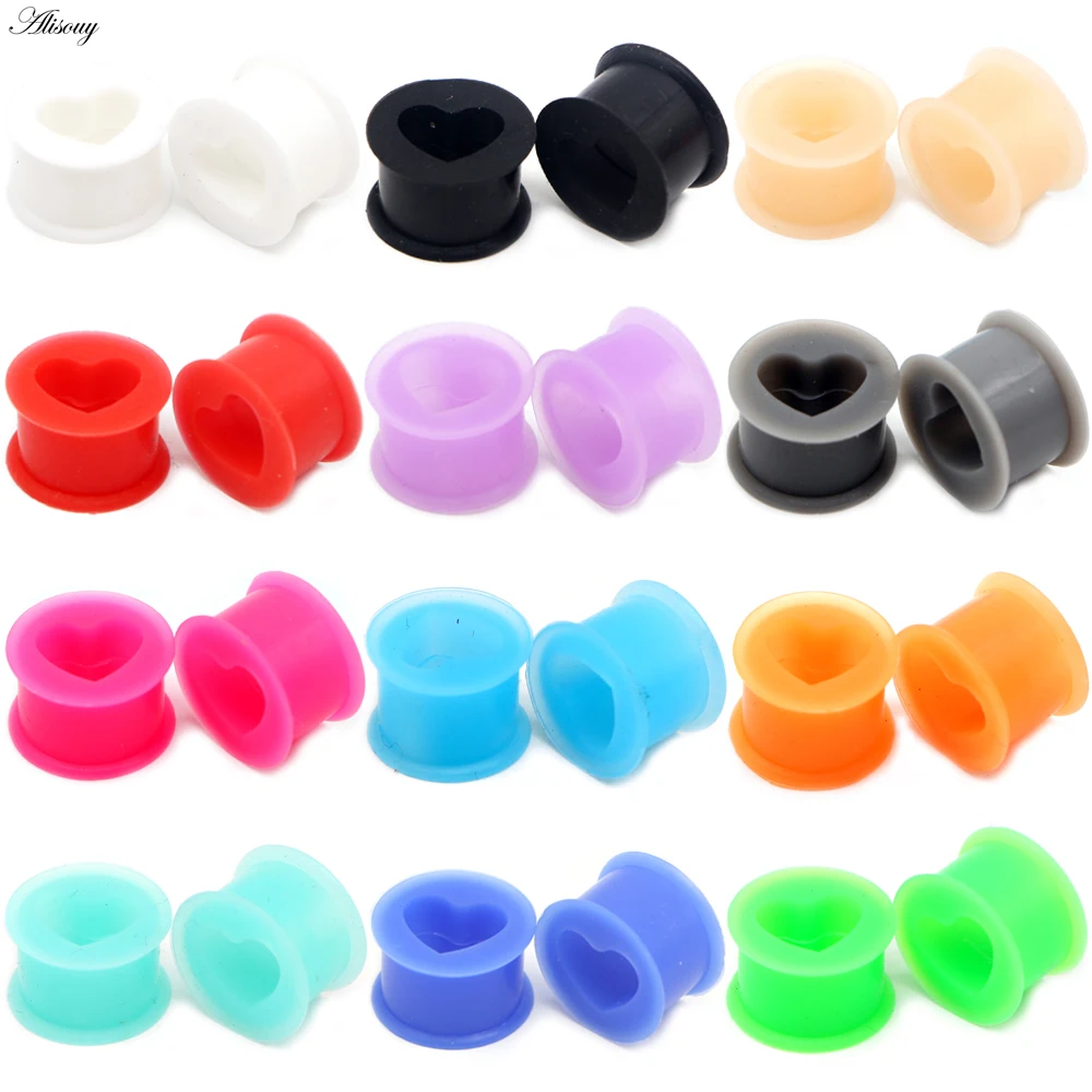 Alisouy 2pcs Silicone Flexible Heart Ear Flesh Tunnel Soft Gauge Plugs Piercing Stretcher Expander Hollow Earrings Body Jewelry