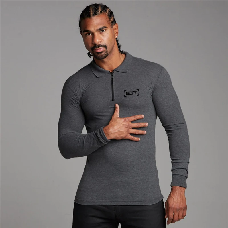 

Brand Gym Fashion Zipper Polo Shirt Mens Running Workout Casual Sports Long Sleeve Sporting Muscle Shirts