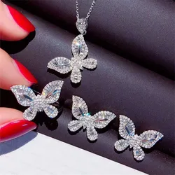Butterfly Lab Diamond Jewelry set Real 925 Sterling Silver Party Wedding Rings Earrings Necklace For Women moissanite Jewelry