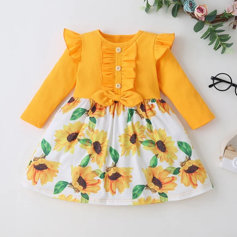 

New Kids Dresses for Girl Sweet Cotton Flying Long Sleeve Bow Button Sunflower Print Princess Dress Party Baby Girl Clothes 2-6Y