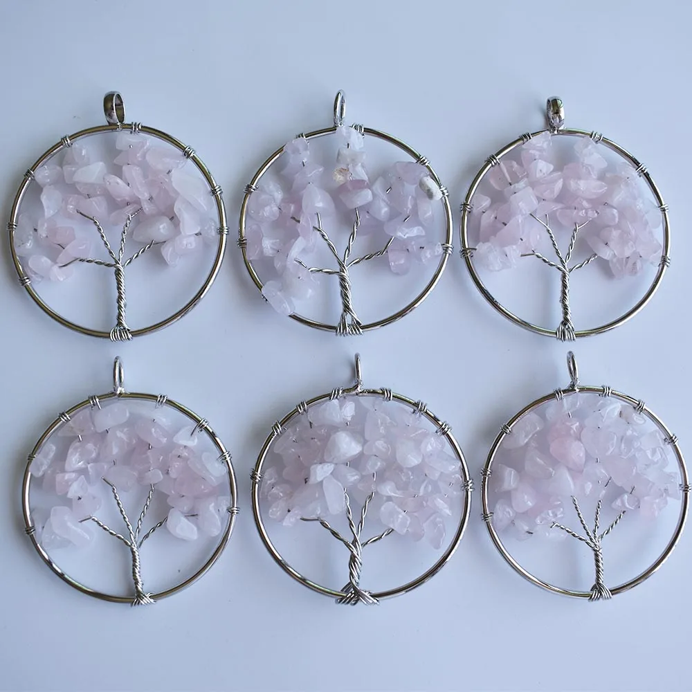 

Wholesale 12pcs/lot fashion natural stone pink Tree of life handmade wire wrapped Pendants 50mm for necklace marking free