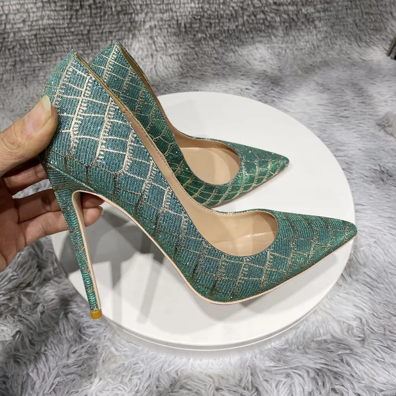 Veowalk Gold Embossed Crocodile Effect Women Green Pointy Toe Stiletto Pumps Sexy High Heel Shoes for Party 8cm 10cm 12cm